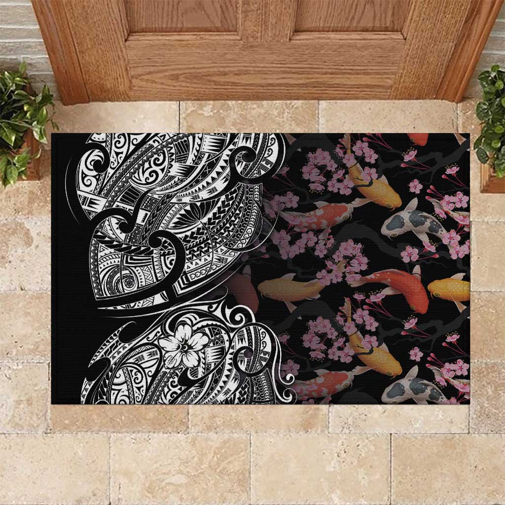 Hawaiian and Japanese Together Rubber Doormat Polynesian Triball Tattoo Koi Carps and Sakura