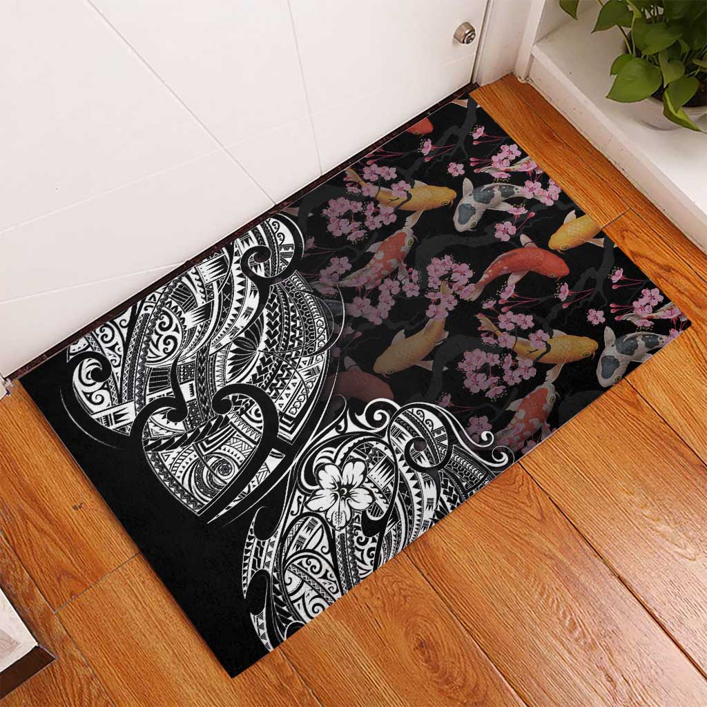 Hawaiian and Japanese Together Rubber Doormat Polynesian Triball Tattoo Koi Carps and Sakura