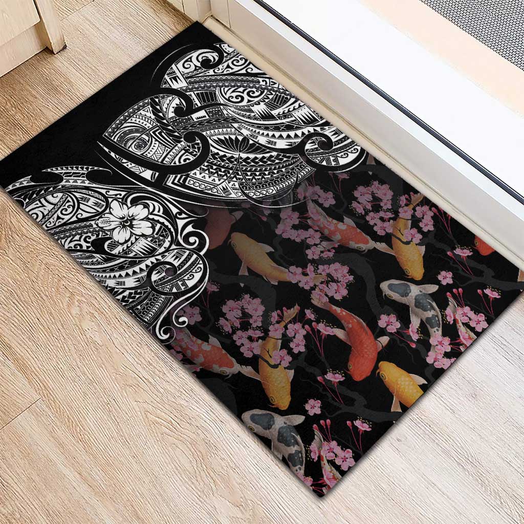 Hawaiian and Japanese Together Rubber Doormat Polynesian Triball Tattoo Koi Carps and Sakura