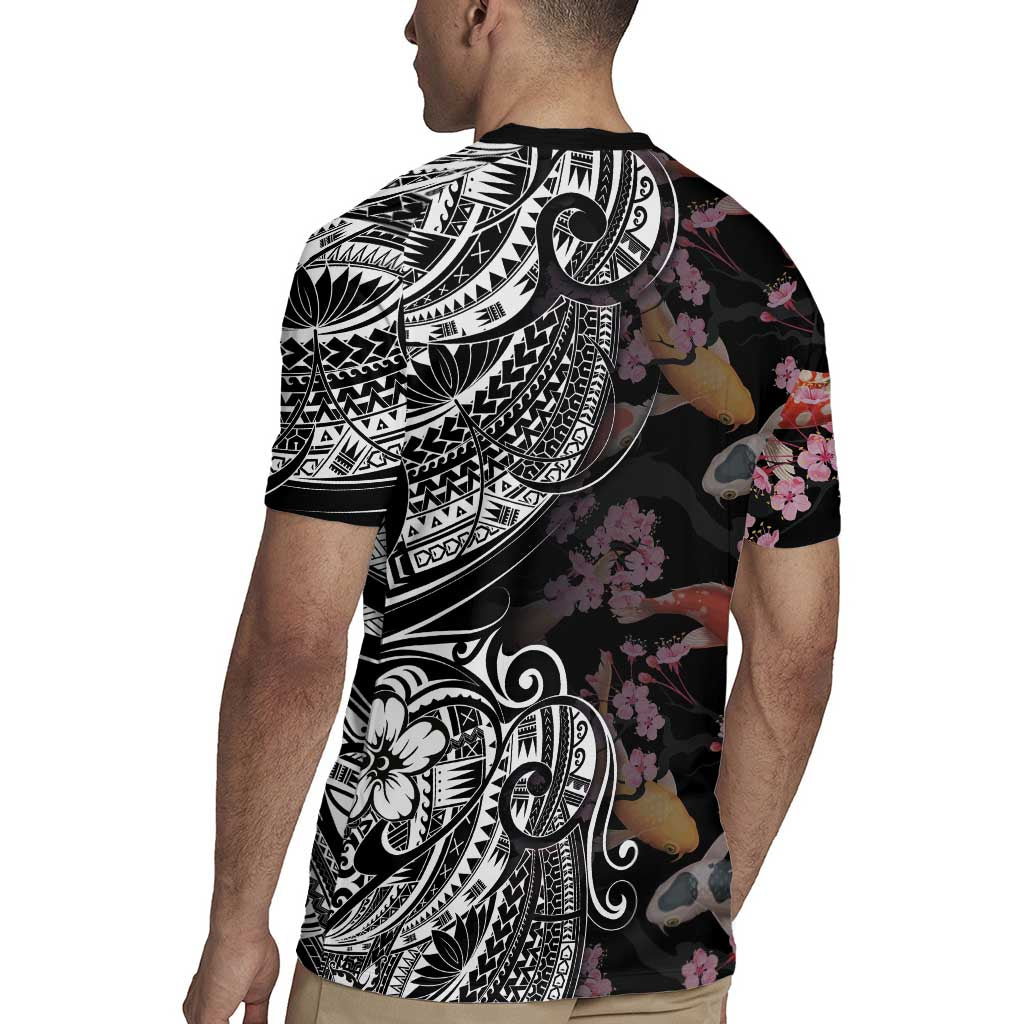 Hawaiian and Japanese Together Rugby Jersey Polynesian Triball Tattoo Koi Carps and Sakura