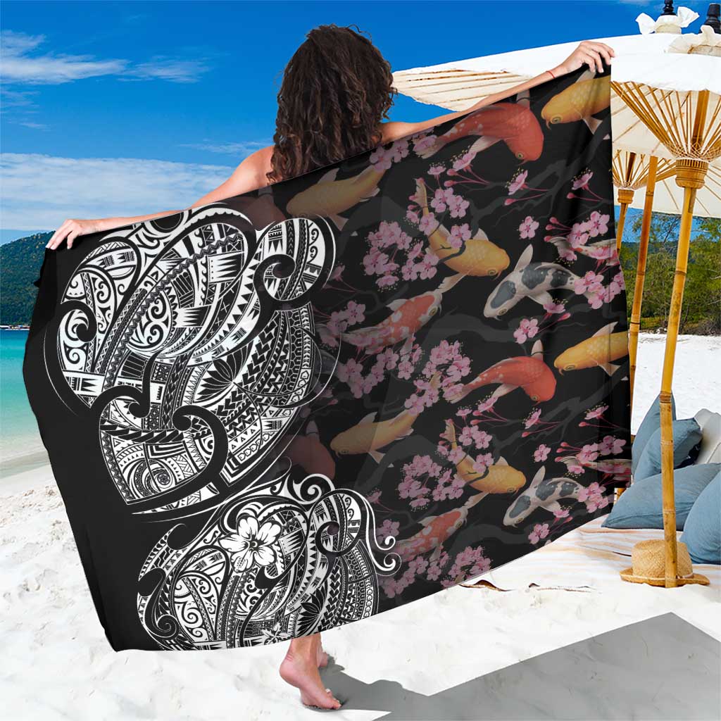 Hawaiian and Japanese Together Sarong Polynesian Triball Tattoo Koi Carps and Sakura LT03 One Size 44 x 66 inches Black - Polynesian Pride
