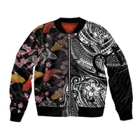 Hawaiian and Japanese Together Sleeve Zip Bomber Jacket Polynesian Triball Tattoo Koi Carps and Sakura