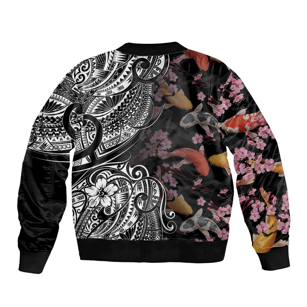 Hawaiian and Japanese Together Sleeve Zip Bomber Jacket Polynesian Triball Tattoo Koi Carps and Sakura
