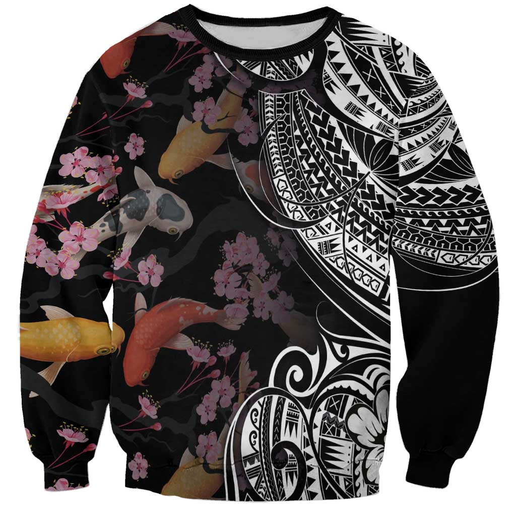 Hawaiian and Japanese Together Sweatshirt Polynesian Triball Tattoo Koi Carps and Sakura
