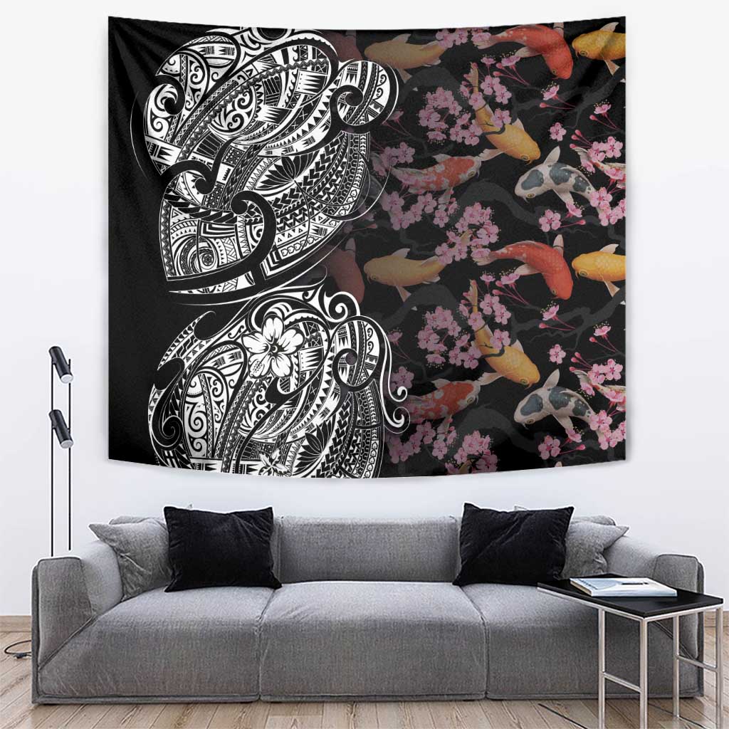 Hawaiian and Japanese Together Tapestry Polynesian Triball Tattoo Koi Carps and Sakura LT03 Black - Polynesian Pride
