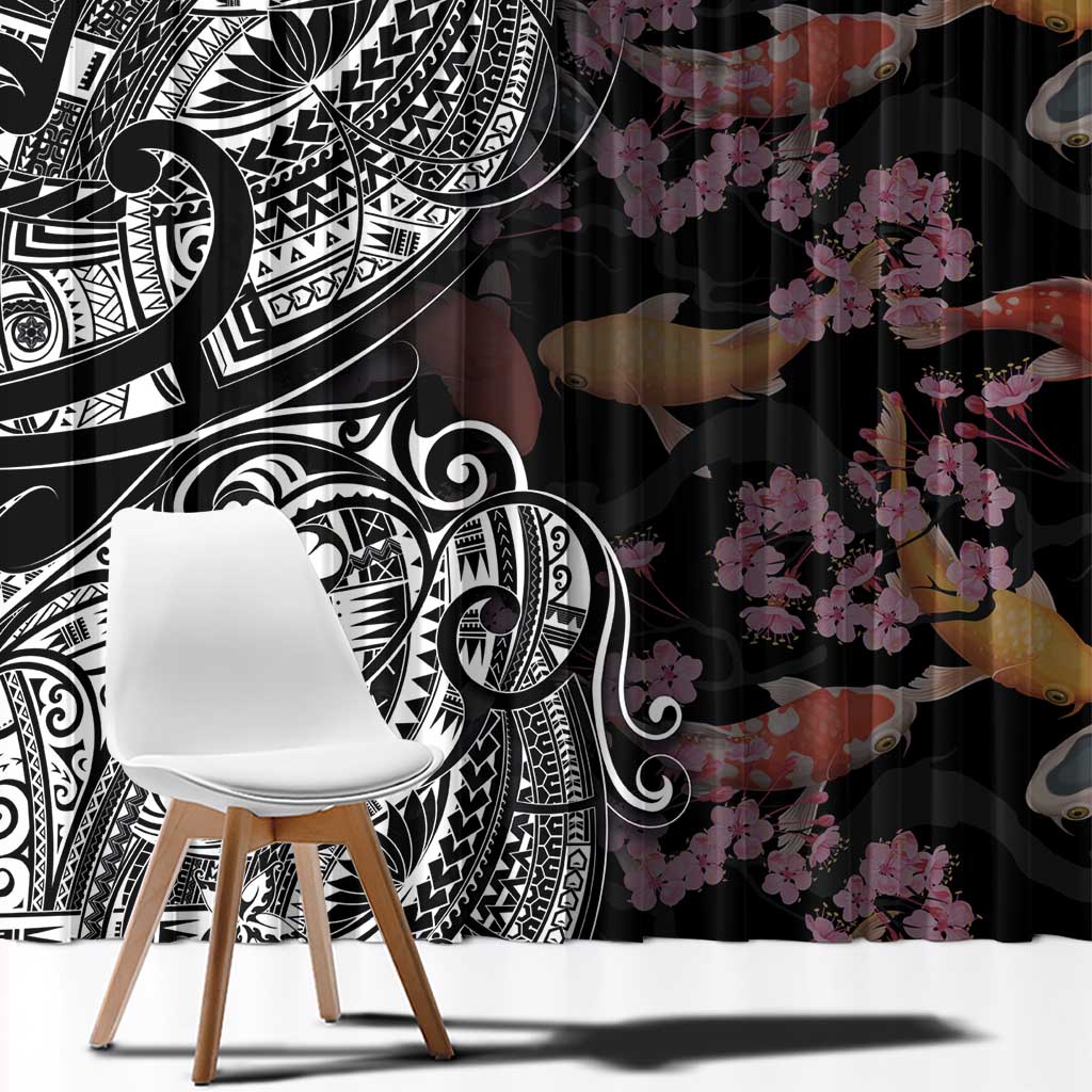 Hawaiian and Japanese Together Window Curtain Polynesian Triball Tattoo Koi Carps and Sakura