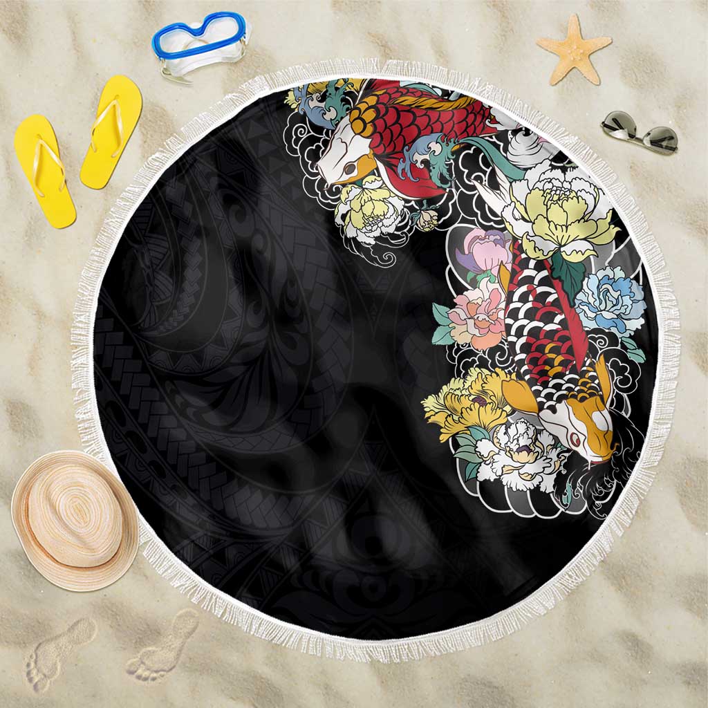 Hawaiian and Japanese Together Beach Blanket Colorful Traditional Japanese Tattoo and Kakau Pattern Black Color LT03 One Size 150cm Black - Polynesian Pride