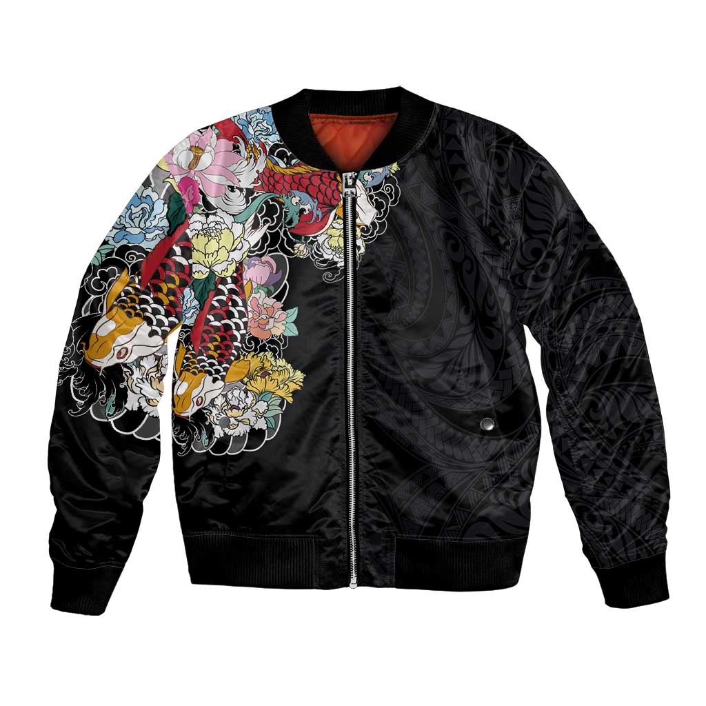 Hawaiian and Japanese Together Bomber Jacket Colorful Traditional Japanese Tattoo and Kakau Pattern Black Color LT03 Unisex Black - Polynesian Pride