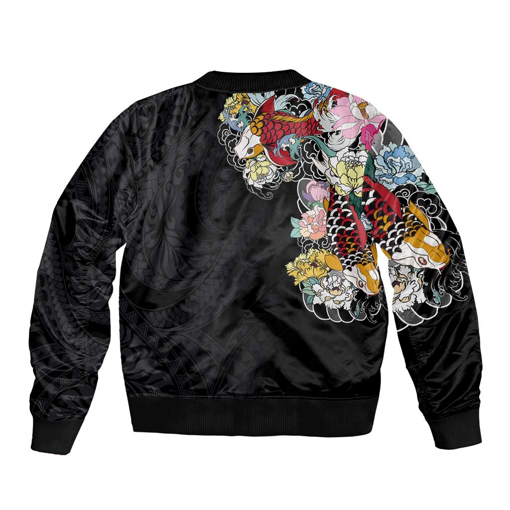 Hawaiian and Japanese Together Bomber Jacket Colorful Traditional Japanese Tattoo and Kakau Pattern Black Color