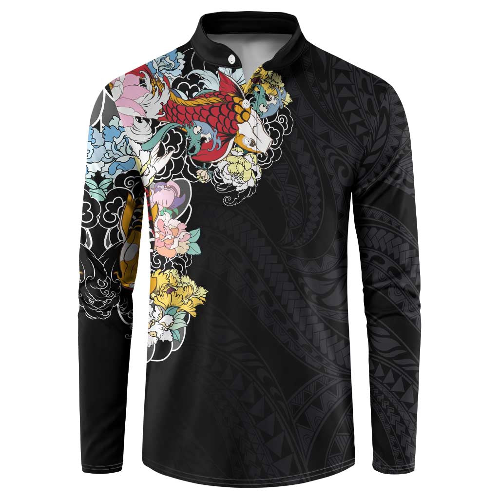 Hawaiian and Japanese Together Button Sweatshirt Colorful Traditional Japanese Tattoo and Kakau Pattern Black Color LT03 Black - Polynesian Pride