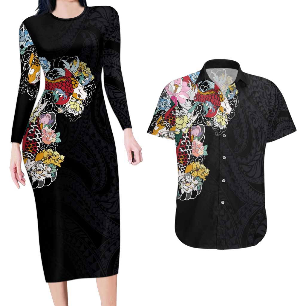 Hawaiian and Japanese Together Couples Matching Long Sleeve Bodycon Dress and Hawaiian Shirt Colorful Traditional Japanese Tattoo and Kakau Pattern Black Color LT03 Black - Polynesian Pride
