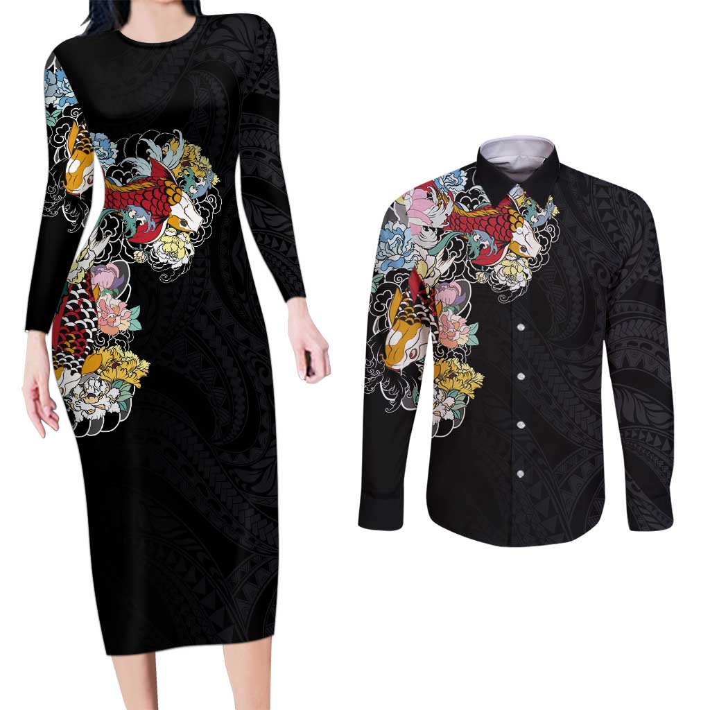 Hawaiian and Japanese Together Couples Matching Long Sleeve Bodycon Dress and Long Sleeve Button Shirt Colorful Traditional Japanese Tattoo and Kakau Pattern Black Color LT03 Black - Polynesian Pride