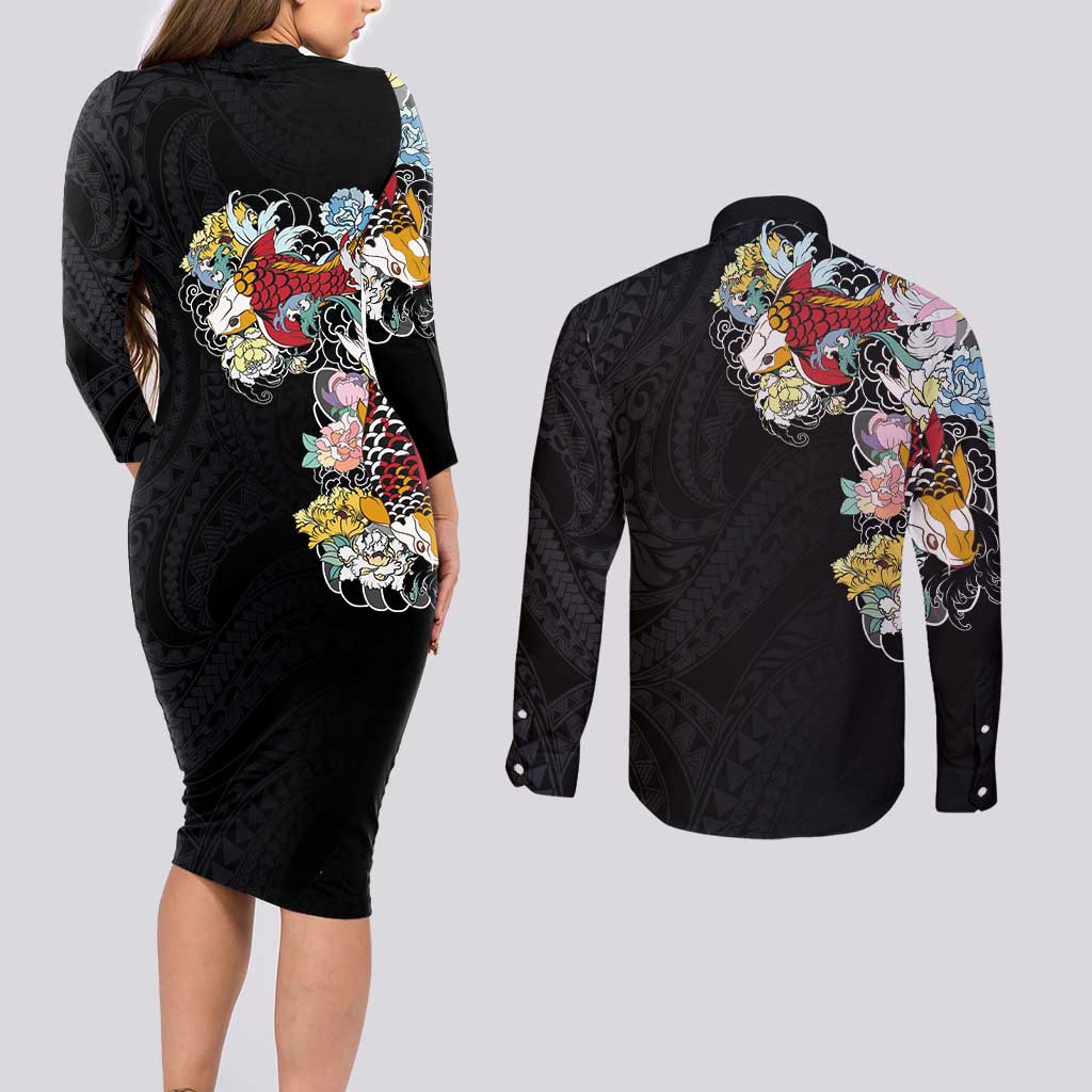 Hawaiian and Japanese Together Couples Matching Long Sleeve Bodycon Dress and Long Sleeve Button Shirt Colorful Traditional Japanese Tattoo and Kakau Pattern Black Color