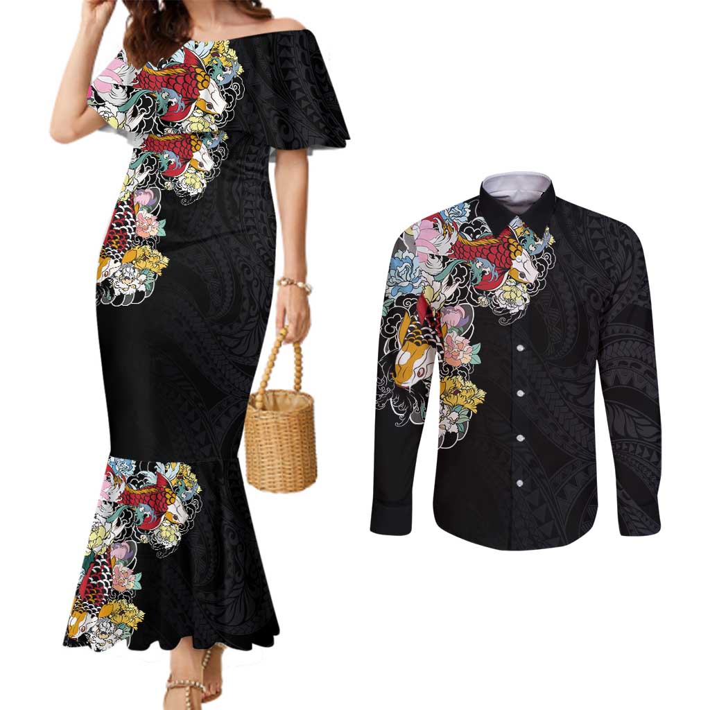 Hawaiian and Japanese Together Couples Matching Mermaid Dress and Long Sleeve Button Shirt Colorful Traditional Japanese Tattoo and Kakau Pattern Black Color LT03 Black - Polynesian Pride