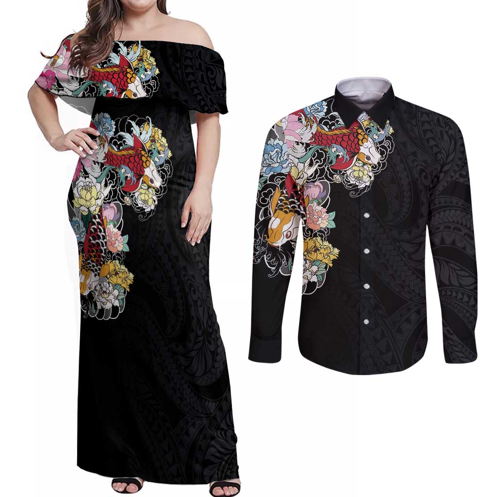 Hawaiian and Japanese Together Couples Matching Off Shoulder Maxi Dress and Long Sleeve Button Shirt Colorful Traditional Japanese Tattoo and Kakau Pattern Black Color