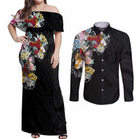 Hawaiian and Japanese Together Couples Matching Off Shoulder Maxi Dress and Long Sleeve Button Shirt Colorful Traditional Japanese Tattoo and Kakau Pattern Black Color
