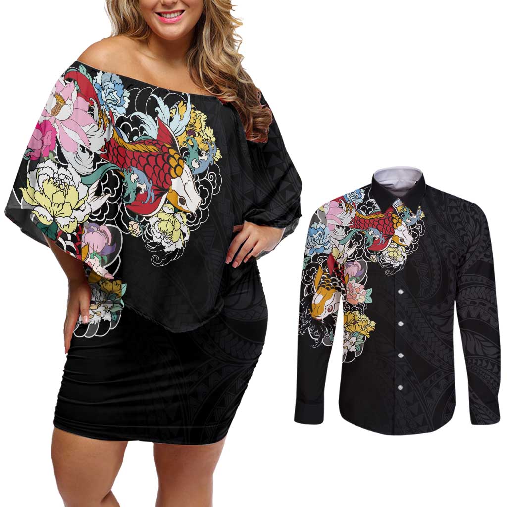 Hawaiian and Japanese Together Couples Matching Off Shoulder Short Dress and Long Sleeve Button Shirt Colorful Traditional Japanese Tattoo and Kakau Pattern Black Color LT03 Black - Polynesian Pride