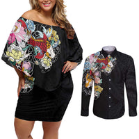 Hawaiian and Japanese Together Couples Matching Off Shoulder Short Dress and Long Sleeve Button Shirt Colorful Traditional Japanese Tattoo and Kakau Pattern Black Color