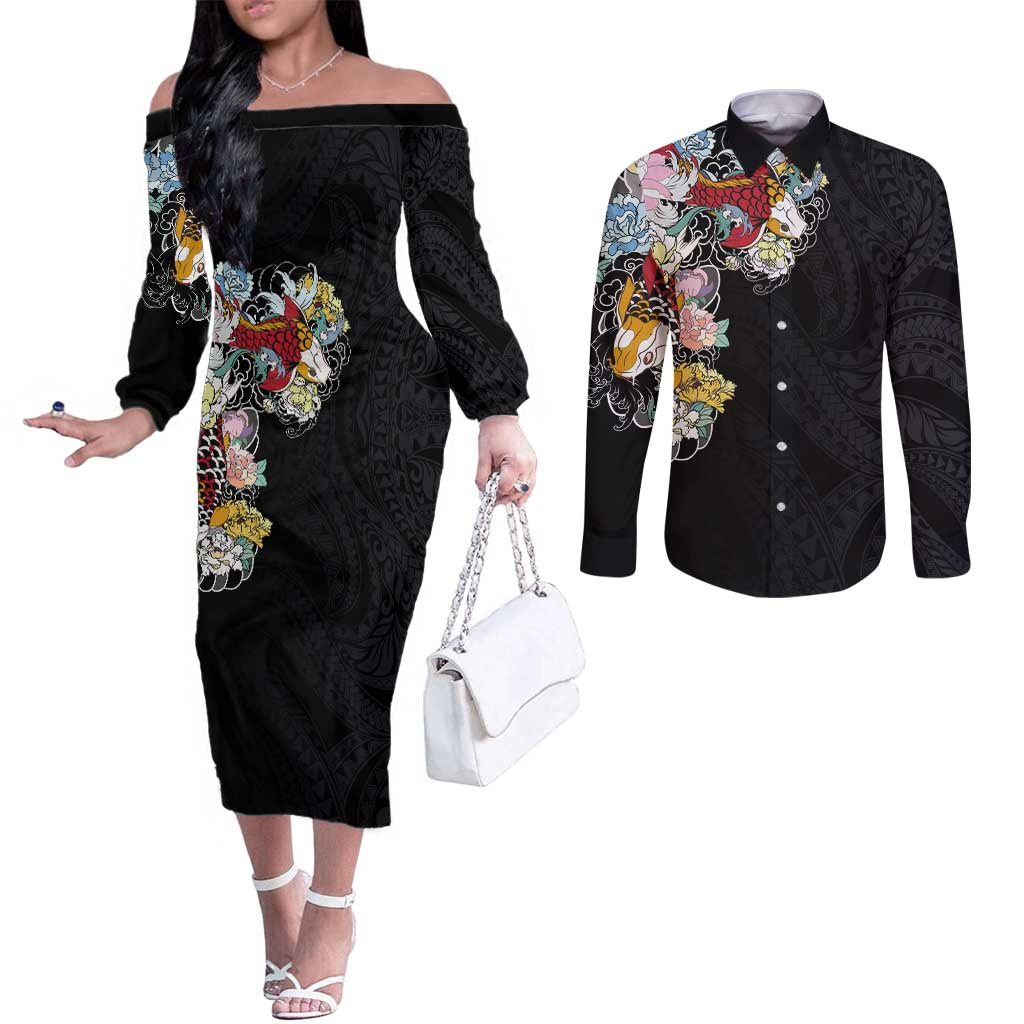 Hawaiian and Japanese Together Couples Matching Off The Shoulder Long Sleeve Dress and Long Sleeve Button Shirt Colorful Traditional Japanese Tattoo and Kakau Pattern Black Color LT03 Black - Polynesian Pride