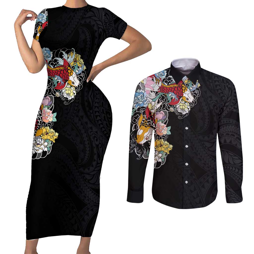 Hawaiian and Japanese Together Couples Matching Short Sleeve Bodycon Dress and Long Sleeve Button Shirt Colorful Traditional Japanese Tattoo and Kakau Pattern Black Color LT03 Black - Polynesian Pride