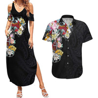 Hawaiian and Japanese Together Couples Matching Summer Maxi Dress and Hawaiian Shirt Colorful Traditional Japanese Tattoo and Kakau Pattern Black Color