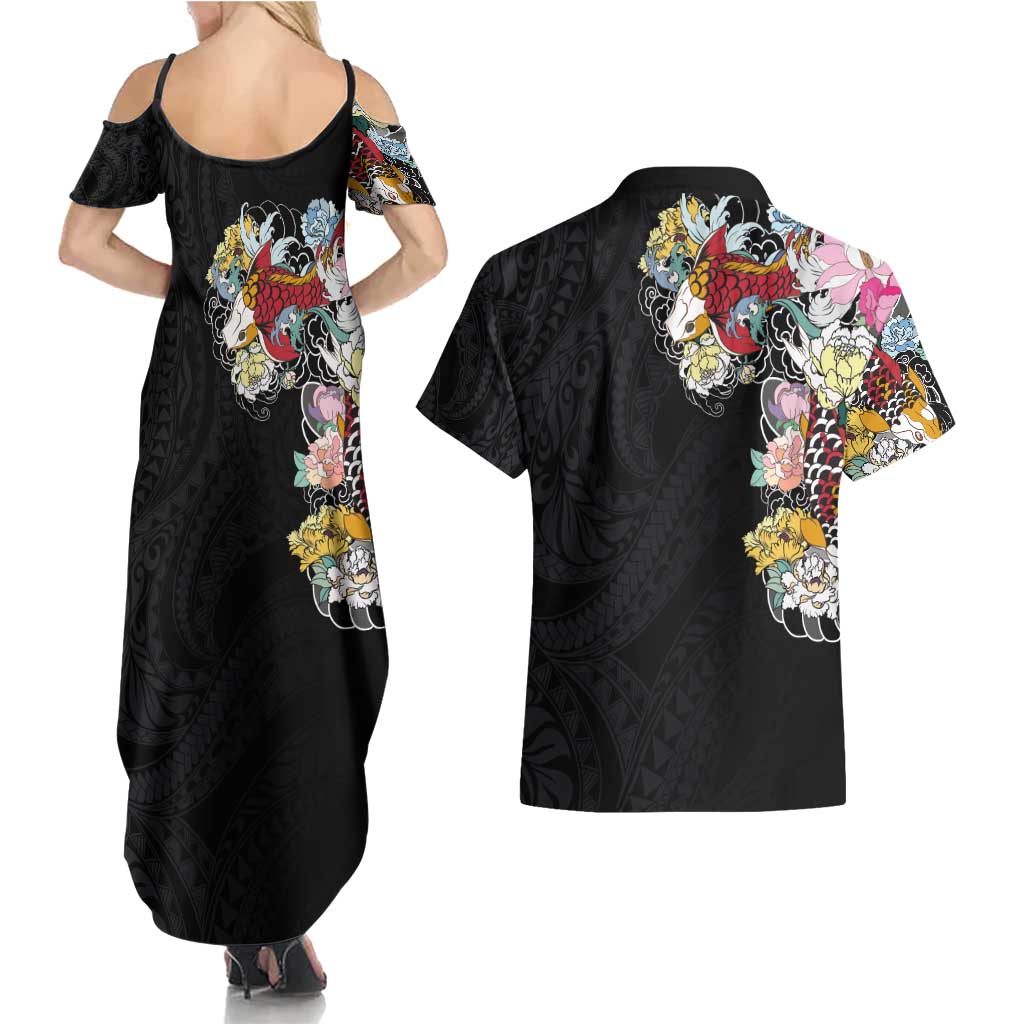 Hawaiian and Japanese Together Couples Matching Summer Maxi Dress and Hawaiian Shirt Colorful Traditional Japanese Tattoo and Kakau Pattern Black Color