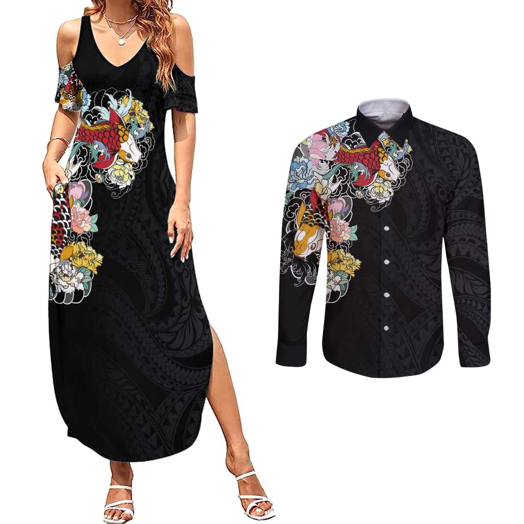Hawaiian and Japanese Together Couples Matching Summer Maxi Dress and Long Sleeve Button Shirt Colorful Traditional Japanese Tattoo and Kakau Pattern Black Color LT03 Black - Polynesian Pride