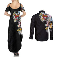 Hawaiian and Japanese Together Couples Matching Summer Maxi Dress and Long Sleeve Button Shirt Colorful Traditional Japanese Tattoo and Kakau Pattern Black Color