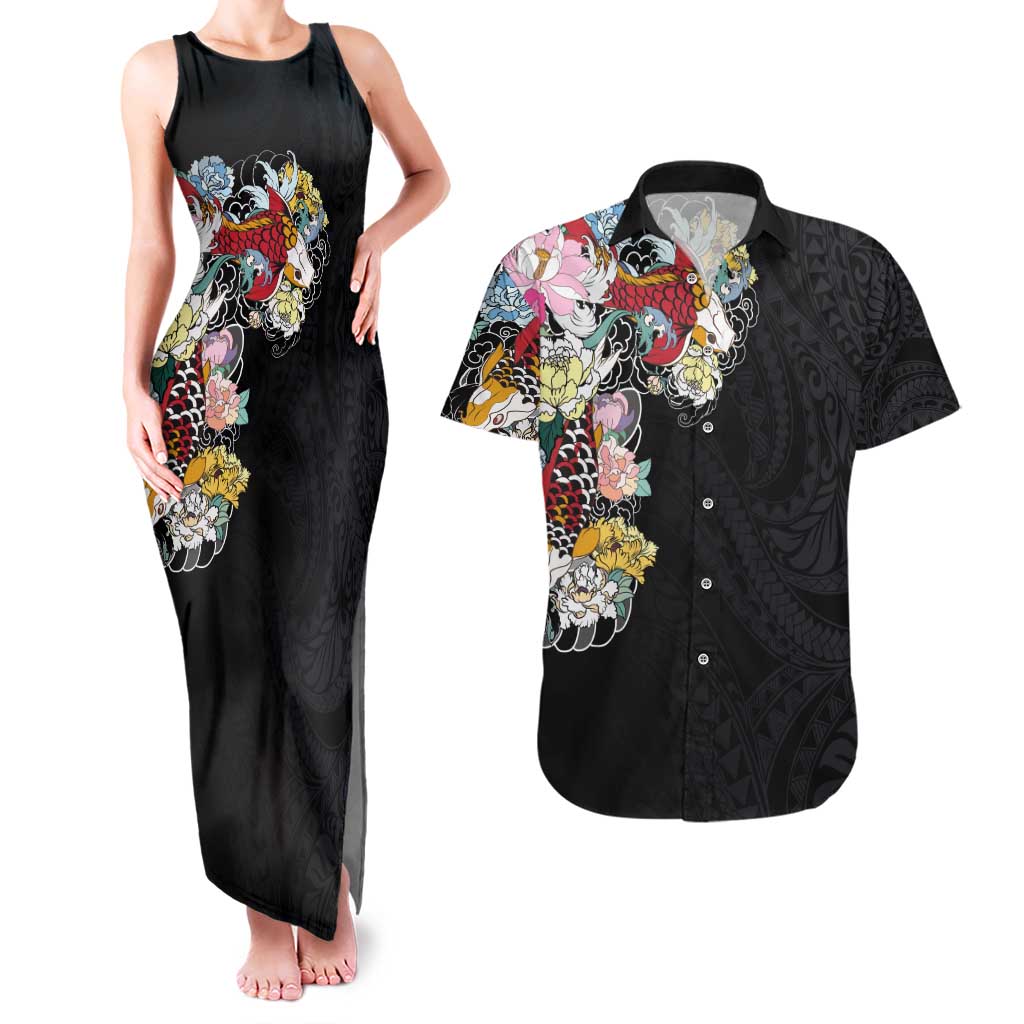 Hawaiian and Japanese Together Couples Matching Tank Maxi Dress and Hawaiian Shirt Colorful Traditional Japanese Tattoo and Kakau Pattern Black Color LT03 Black - Polynesian Pride