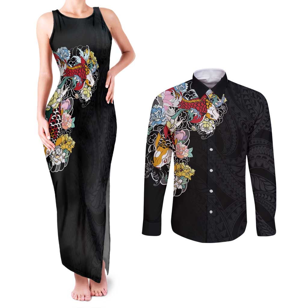 Hawaiian and Japanese Together Couples Matching Tank Maxi Dress and Long Sleeve Button Shirt Colorful Traditional Japanese Tattoo and Kakau Pattern Black Color LT03 Black - Polynesian Pride