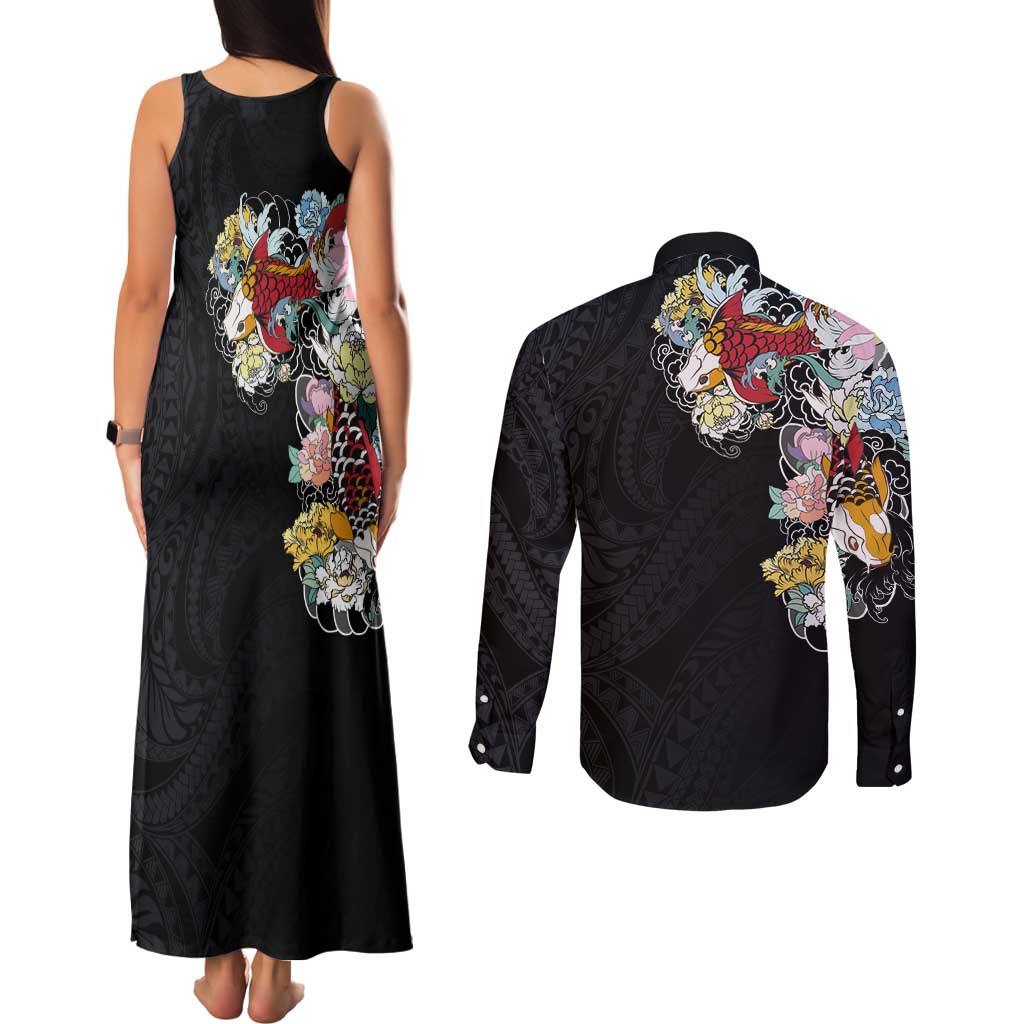 Hawaiian and Japanese Together Couples Matching Tank Maxi Dress and Long Sleeve Button Shirt Colorful Traditional Japanese Tattoo and Kakau Pattern Black Color
