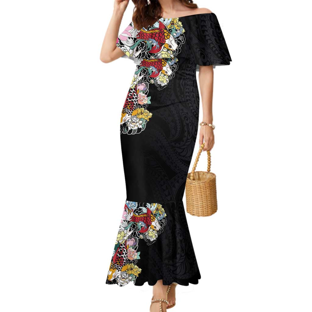 Hawaiian and Japanese Together Family Matching Mermaid Dress and Hawaiian Shirt Colorful Traditional Japanese Tattoo and Kakau Pattern Black Color LT03 Mom's Dress Black - Polynesian Pride