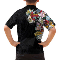 Hawaiian and Japanese Together Family Matching Off The Shoulder Long Sleeve Dress and Hawaiian Shirt Colorful Traditional Japanese Tattoo and Kakau Pattern Black Color LT03 - Polynesian Pride