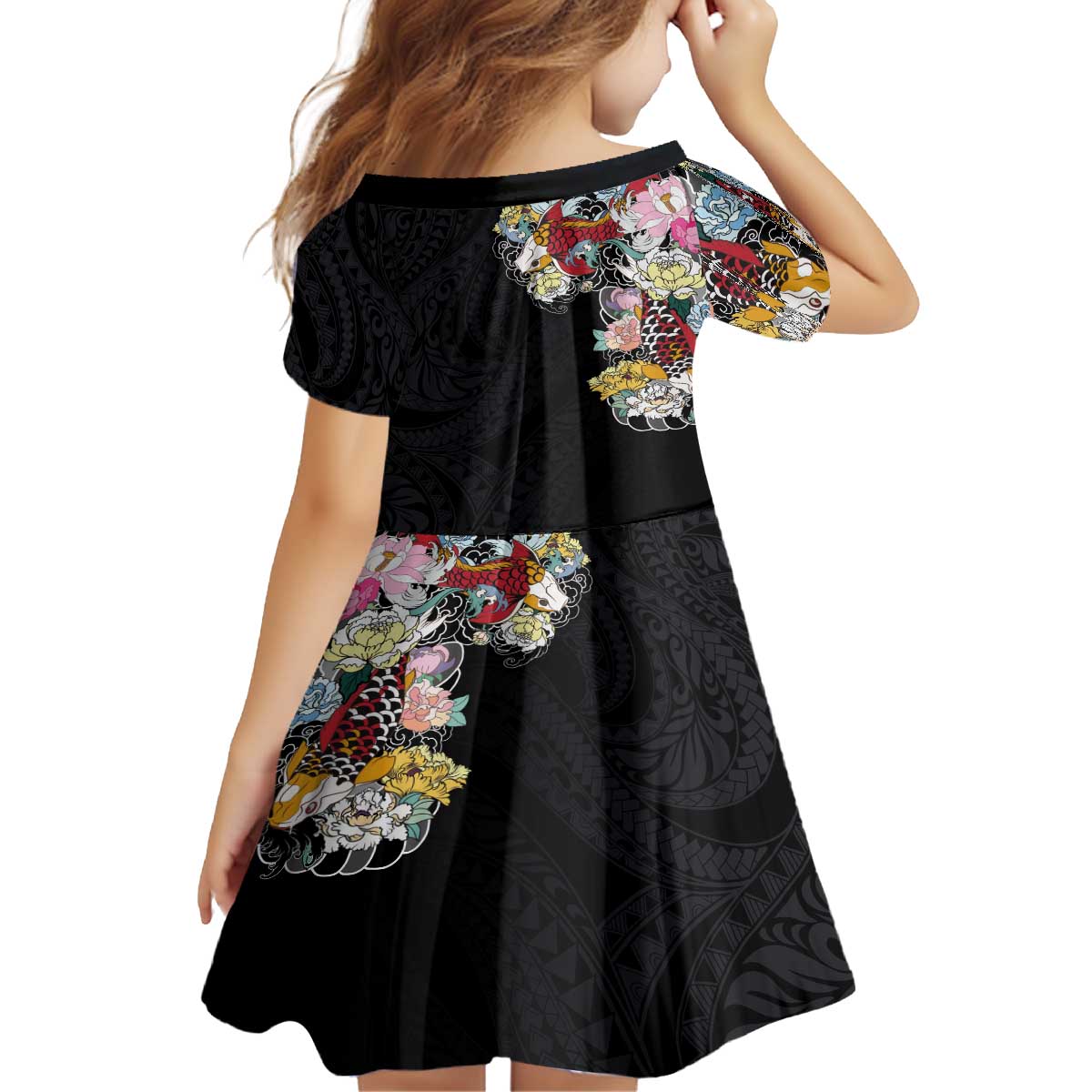 Hawaiian and Japanese Together Family Matching Off The Shoulder Long Sleeve Dress and Hawaiian Shirt Colorful Traditional Japanese Tattoo and Kakau Pattern Black Color LT03 - Polynesian Pride