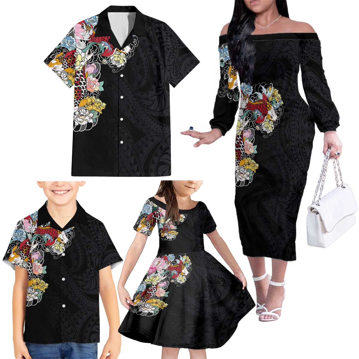 Hawaiian and Japanese Together Family Matching Off The Shoulder Long Sleeve Dress and Hawaiian Shirt Colorful Traditional Japanese Tattoo and Kakau Pattern Black Color LT03 - Polynesian Pride