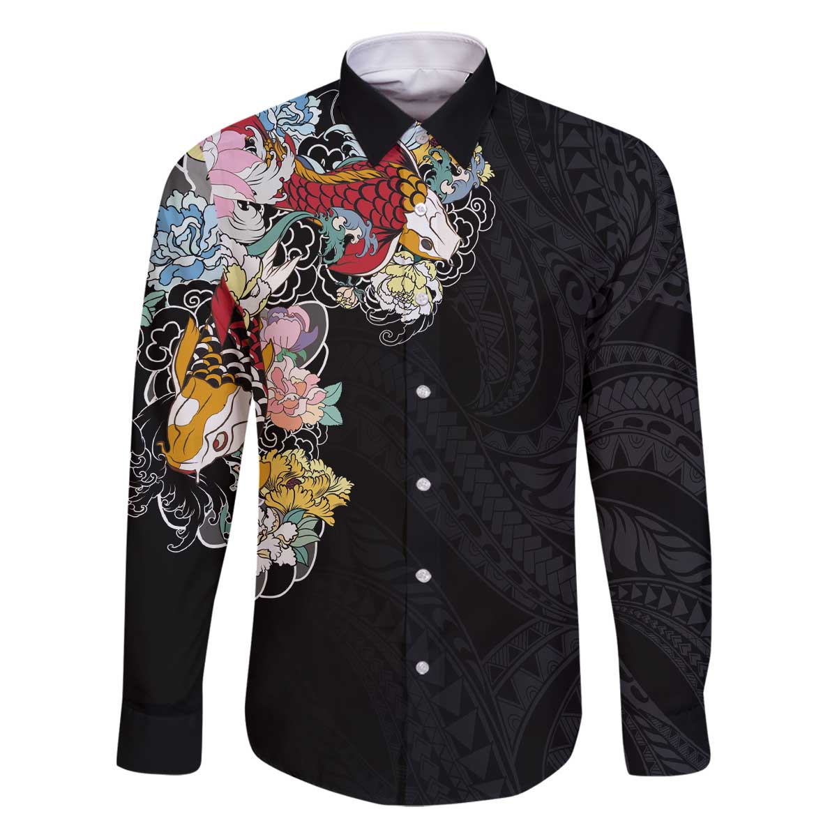 Hawaiian and Japanese Together Family Matching Off The Shoulder Long Sleeve Dress and Hawaiian Shirt Colorful Traditional Japanese Tattoo and Kakau Pattern Black Color LT03 Dad's Shirt - Long Sleeve Black - Polynesian Pride