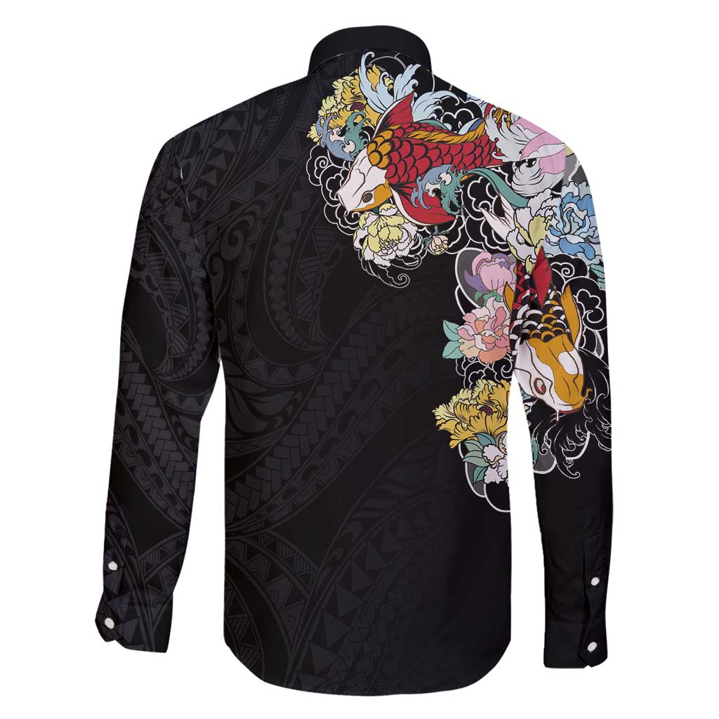 Hawaiian and Japanese Together Family Matching Off Shoulder Maxi Dress and Hawaiian Shirt Colorful Traditional Japanese Tattoo and Kakau Pattern Black Color