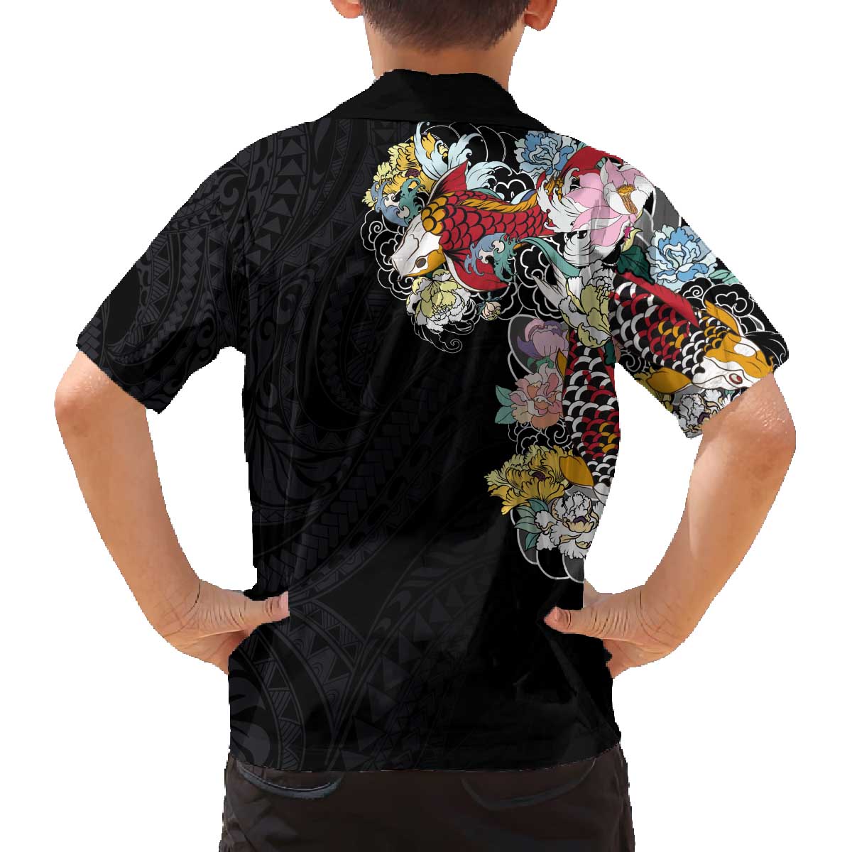 Hawaiian and Japanese Together Family Matching Off Shoulder Short Dress and Hawaiian Shirt Colorful Traditional Japanese Tattoo and Kakau Pattern Black Color LT03 - Polynesian Pride