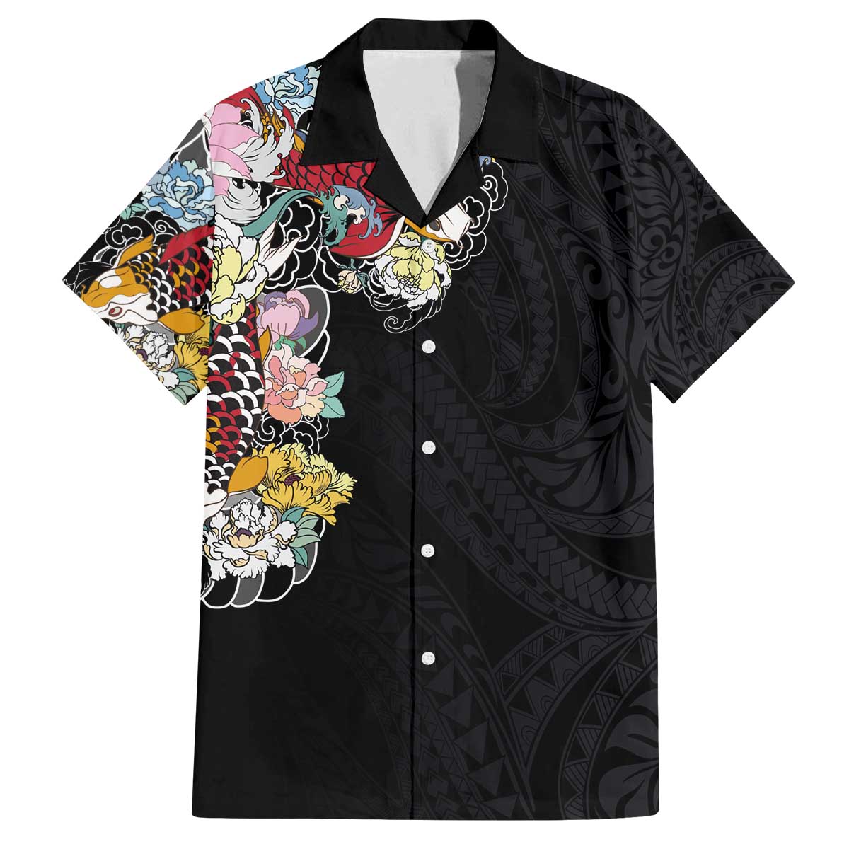 Hawaiian and Japanese Together Family Matching Off Shoulder Short Dress and Hawaiian Shirt Colorful Traditional Japanese Tattoo and Kakau Pattern Black Color LT03 Dad's Shirt - Short Sleeve Black - Polynesian Pride