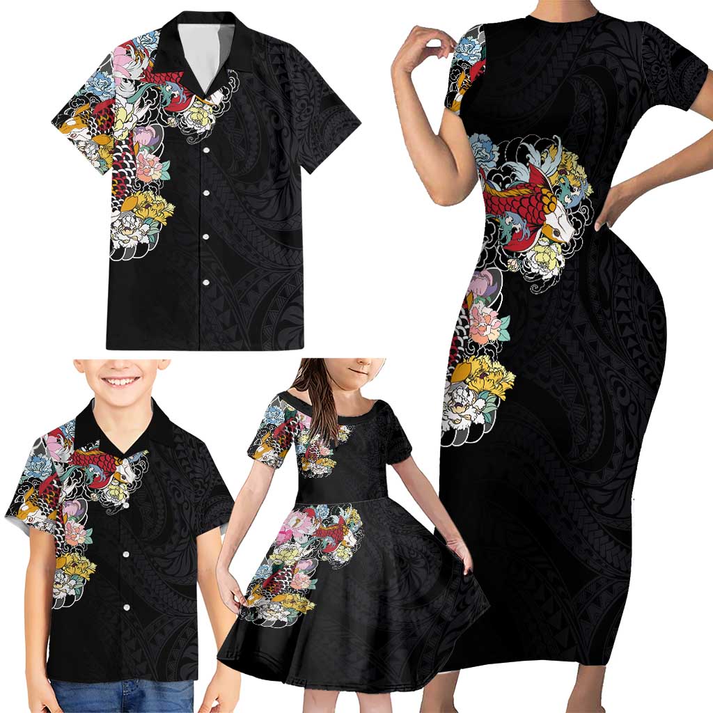 Hawaiian and Japanese Together Family Matching Short Sleeve Bodycon Dress and Hawaiian Shirt Colorful Traditional Japanese Tattoo and Kakau Pattern Black Color LT03 - Polynesian Pride