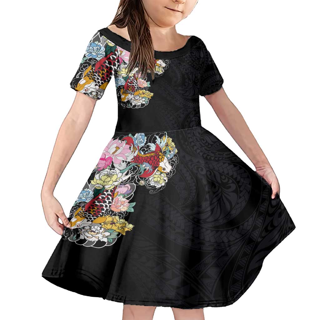 Hawaiian and Japanese Together Family Matching Summer Maxi Dress and Hawaiian Shirt Colorful Traditional Japanese Tattoo and Kakau Pattern Black Color LT03 Daughter's Dress Black - Polynesian Pride