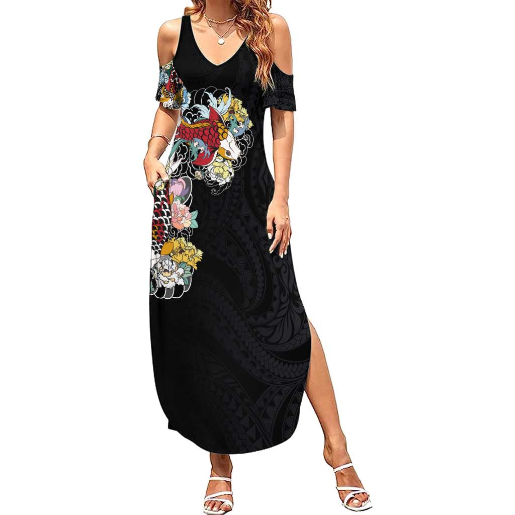 Hawaiian and Japanese Together Family Matching Summer Maxi Dress and Hawaiian Shirt Colorful Traditional Japanese Tattoo and Kakau Pattern Black Color LT03 Mom's Dress Black - Polynesian Pride