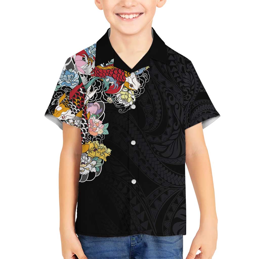 Hawaiian and Japanese Together Family Matching Summer Maxi Dress and Hawaiian Shirt Colorful Traditional Japanese Tattoo and Kakau Pattern Black Color LT03 Son's Shirt Black - Polynesian Pride