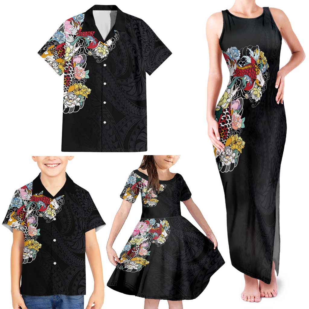 Hawaiian and Japanese Together Family Matching Tank Maxi Dress and Hawaiian Shirt Colorful Traditional Japanese Tattoo and Kakau Pattern Black Color LT03 - Polynesian Pride