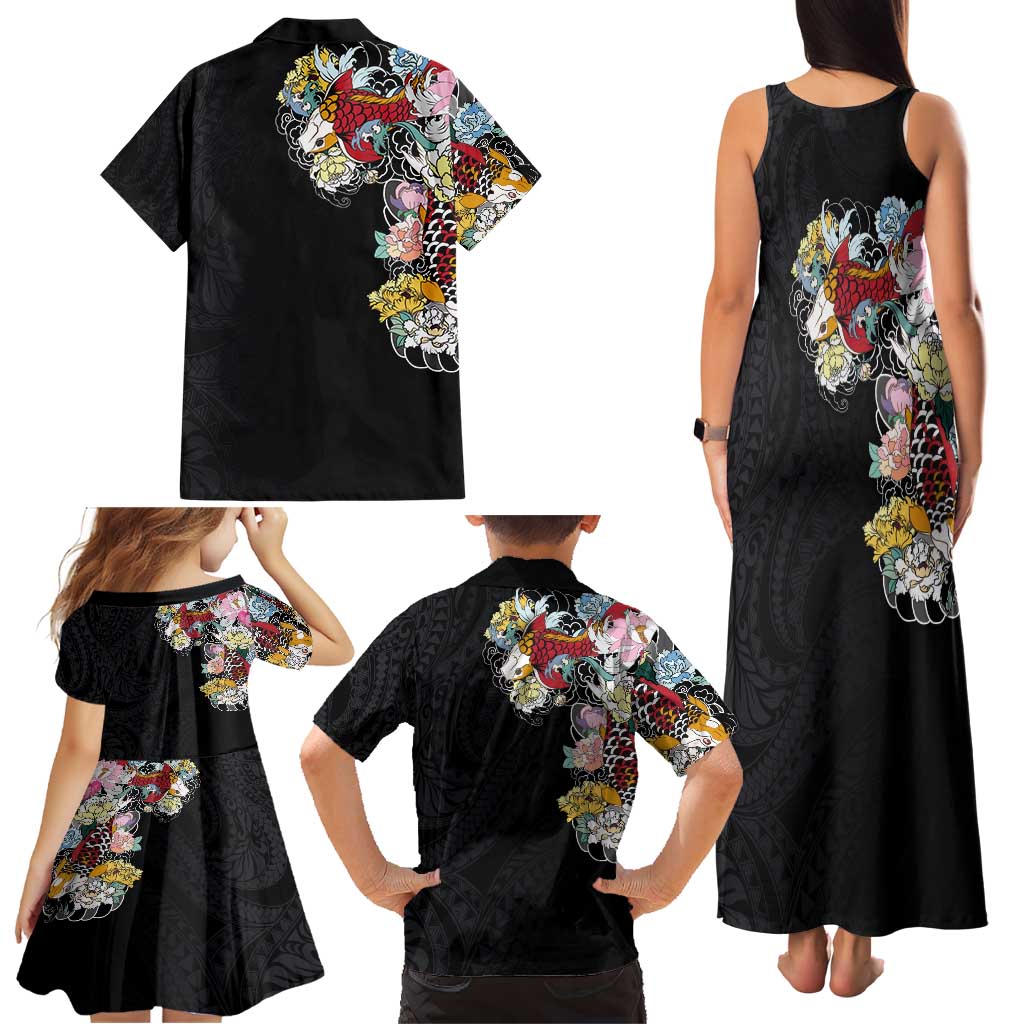 Hawaiian and Japanese Together Family Matching Tank Maxi Dress and Hawaiian Shirt Colorful Traditional Japanese Tattoo and Kakau Pattern Black Color