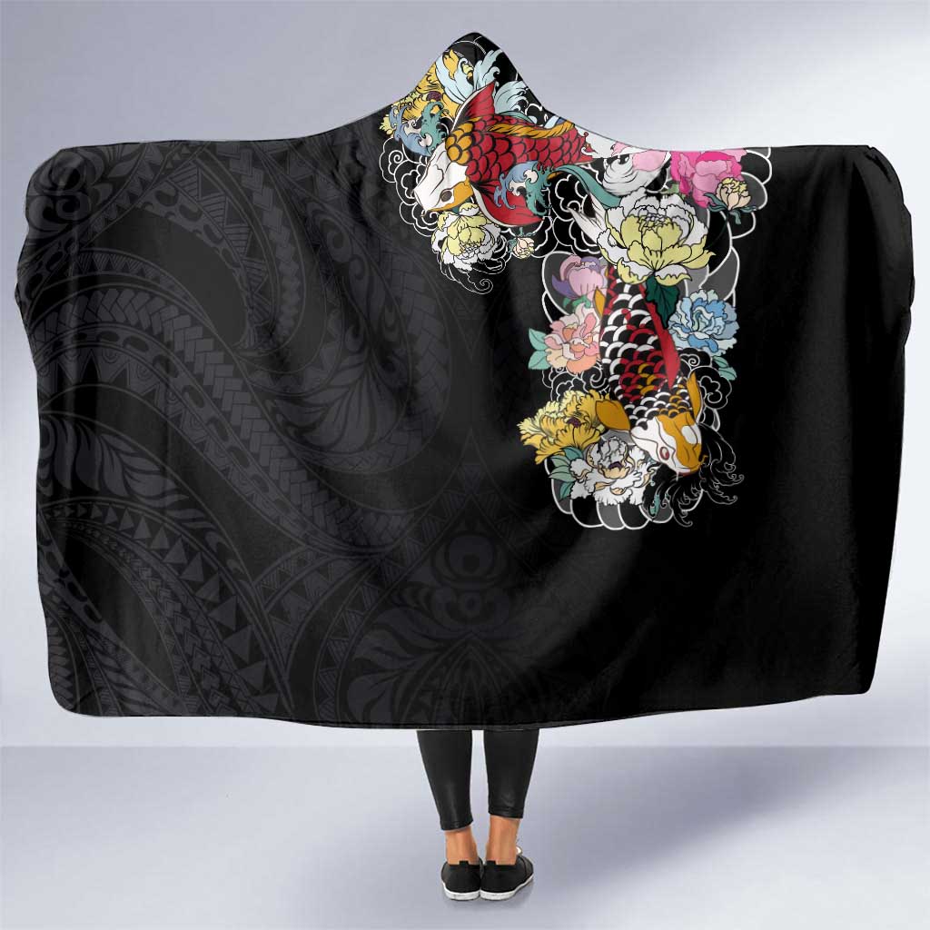 Hawaiian and Japanese Together Hooded Blanket Colorful Traditional Japanese Tattoo and Kakau Pattern Black Color LT03 One Size Black - Polynesian Pride