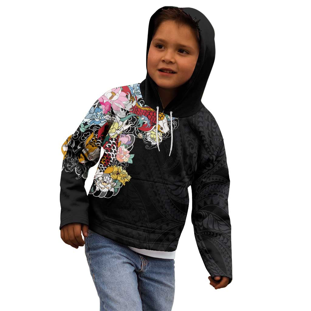 Hawaiian and Japanese Together Kid Hoodie Colorful Traditional Japanese Tattoo and Kakau Pattern Black Color