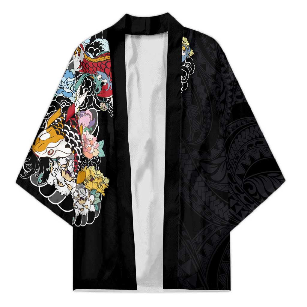 Hawaiian and Japanese Together Kimono Colorful Traditional Japanese Tattoo and Kakau Pattern Black Color - Polynesian Pride
