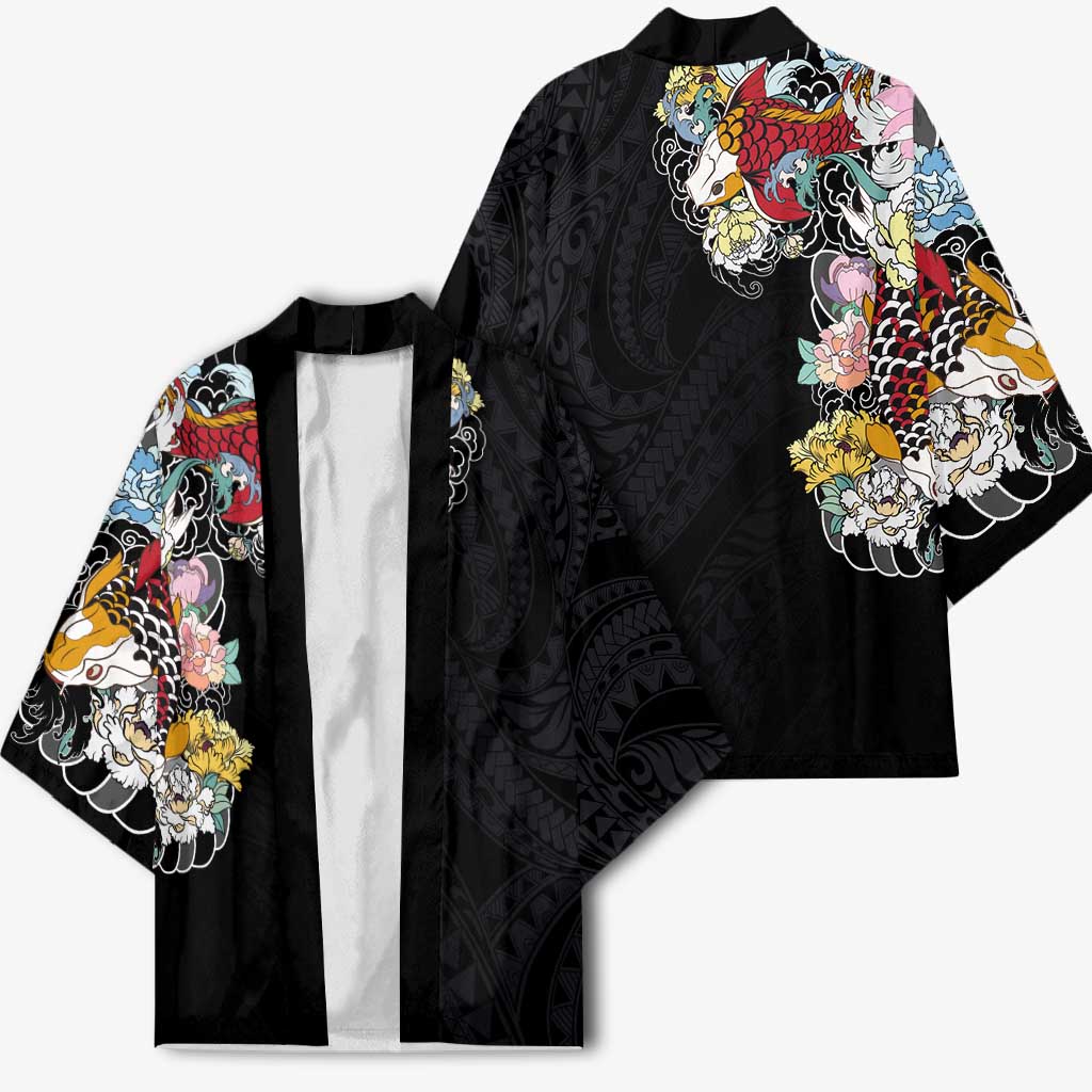 Hawaiian and Japanese Together Kimono Colorful Traditional Japanese Tattoo and Kakau Pattern Black Color - Polynesian Pride