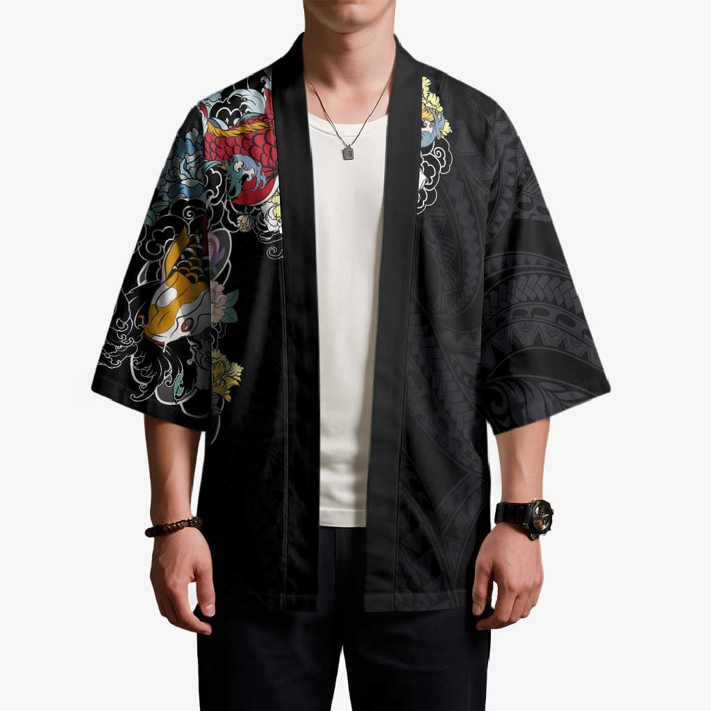 Hawaiian and Japanese Together Kimono Colorful Traditional Japanese Tattoo and Kakau Pattern Black Color - Polynesian Pride
